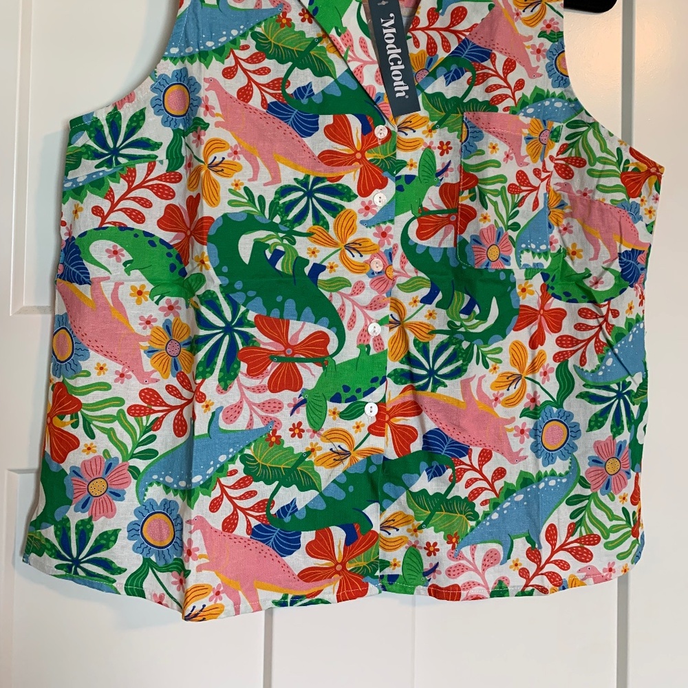 Modcloth Spotlight Spark Sleeveless Shirt with Colorful Dinosaurs - Picture 6 of 9